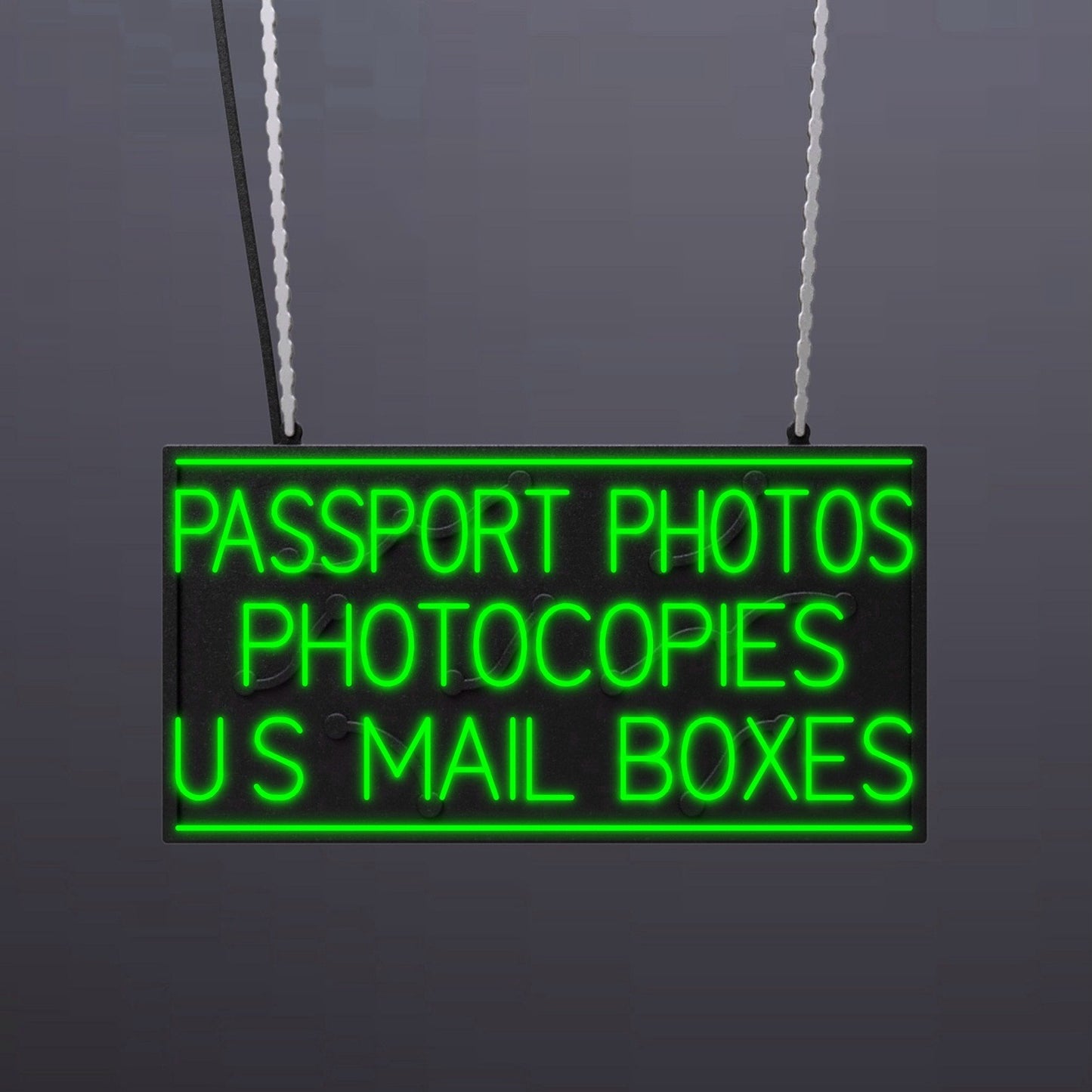#A410 - "Passport Photos-Photocopies-US Mail Boxes" Neon Sign